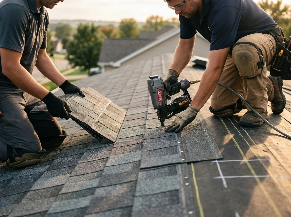 Professional roofer working on a residential roof in Hudson Falls